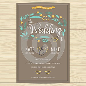 Save the date, wedding invitation card with hand drawn wreath flower template. Flower floral background.