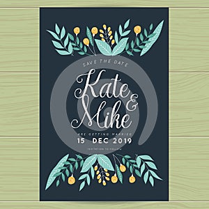 Save the date, wedding invitation card with hand drawn wreath flower template. Flower floral background.