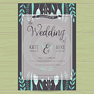 Save the date, wedding invitation card with hand drawn wreath flower template. Flower floral background.