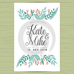 Save the date, wedding invitation card with hand drawn wreath flower template. Flower floral background.