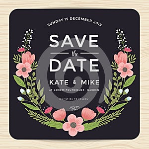 Save the date, wedding invitation card with hand drawn wreath flower template. Flower floral background.