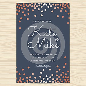 Save the date, wedding invitation card template with copper color circle background.