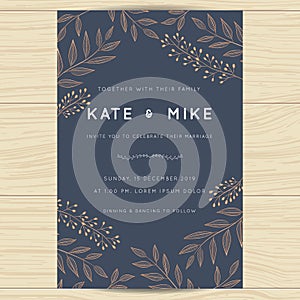 Save the date, wedding invitation card template with copper color flower floral background.