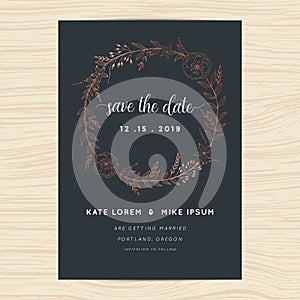 Save the date, wedding invitation card template with copper color flower wreath.