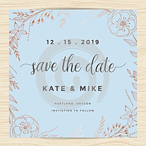 Save the date, wedding invitation card template with copper color flower wreath. Vintage design.