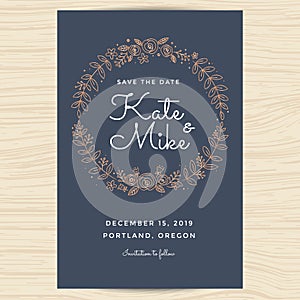 Save the date, wedding invitation card template decorate with hand draw wreath frame. flower wreath.