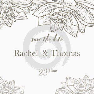 Save the date wedding invitation card template decorate with hand drawn wreath flower in vintage style. Vector illustration.