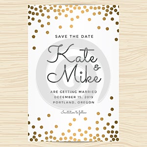 Save the date, wedding invitation card template with golden color circle background.