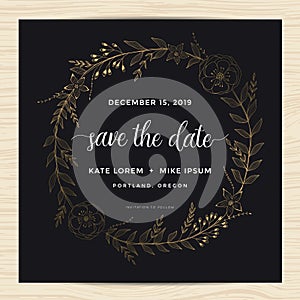 Save the date, wedding invitation card template with golden color flower wreath.