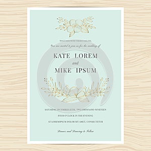 Save the date, wedding invitation card template with golden color flower wreath. Vintage design.