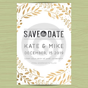 Save the date, wedding invitation card template with golden flower floral background.