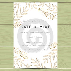 Save the date, wedding invitation card template with golden flower floral background.