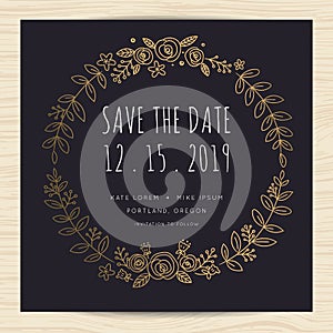 Save the date, wedding invitation card template with hand draw wreath frame. flower wreath.