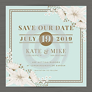 Save the date, wedding invitation card template with hand drawn flower floral background. Vintage style.