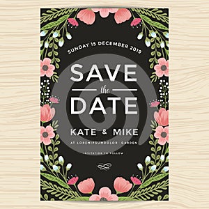 Save the date, wedding invitation card template with hand drawn wreath flower vintage style. Flower floral background.