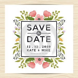 Save the date, wedding invitation card template with hand drawn wreath flower vintage style. Flower floral background.