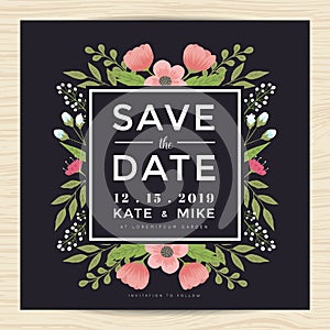 Save the date, wedding invitation card template with hand drawn wreath flower vintage style. Flower floral background.