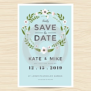 Save the date, wedding invitation card template with hand drawn wreath flower vintage style. Flower floral background.