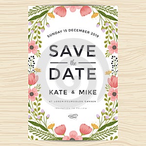 Save the date, wedding invitation card template with hand drawn wreath flower vintage style. Flower floral background.