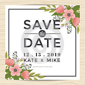 Save the date, wedding invitation card template with wreath flower vintage style. Flower floral background.