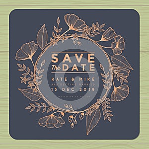 Save the date, wedding invitation card with wreath flower template. Flower floral background.