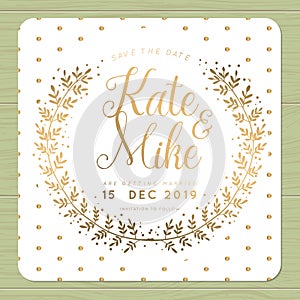Save the date, wedding invitation card with wreath flower template in shiny golden color and polka dots background.