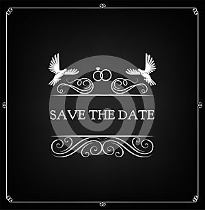 Save the date. Wedding invitation. Diamond rings, swirls, doves. Vector.