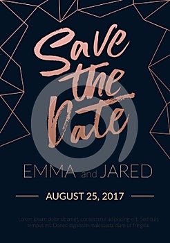 Save the date wedding invitation with lettering and abstract elements. Rose gold calligraphy on navy blue background for