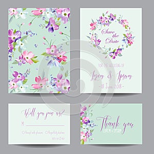 Save the Date Wedding Invitation Template with Spring Dogwood Flowers. Romantic Floral Greeting Card Set for Celebration