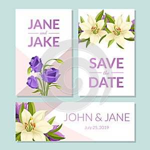 Save the Date, Wedding Invitation Templates Set, Floral Card with Beautiful Elegant Flowers, Frame with Space for Text