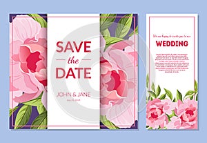 Save the Date, Wedding Invitation Templates Set, Floral Card with Elegant Pink Peony Flowers, Frame with Space for Text