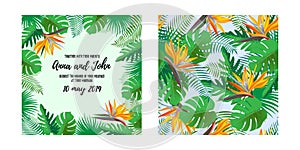 Save the date wedding invitation text, background with tropical exotic flowers and leaves. Seamless pattern for back side included