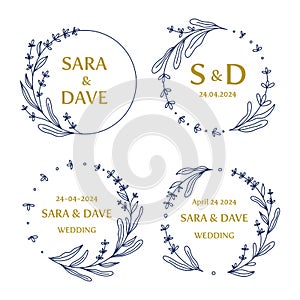 Save the date wedding monogram flower wreath collection, hand drawn vector illustration. Set of round floral frames, handdrawn for