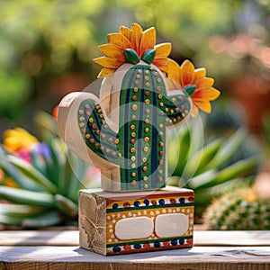 Save the date white block calendar for Cinco de Mayo, with fun Mexican cactus and flags. ai generated