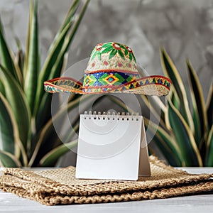 Save the date white block calendar for Cinco de Mayo, with fun Mexican cactus and hat. ai generated