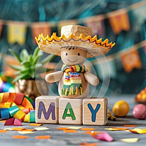 Save the date white block calendar for Cinco de Mayo, with fun Mexican cactus and hat. ai generated