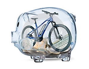 Save for dream blue electric bicycle ebike in a piggy bank with euro currency coins and notes. life goal target cycling hobby