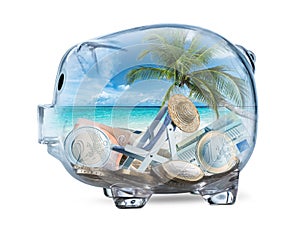 Save for dream maldives beach with coco palm tree in a piggy bank with euro currency coins and notes. life goal tourism saving