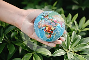 Save The Earth and Care Environment Concept, Close-up of Woman Hands is Holding Mockup Global Against on Tree Leave Background. Sa