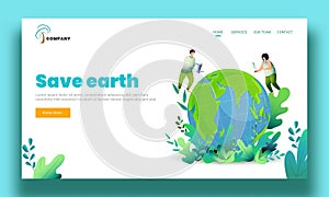 Save Earth Concept Based Landing Page with Illustration of Cartoon Man and Woman Gardening on Eco