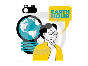 Save Earth concept with character situation. Man joins to campaigning for climate change awareness and turn off electricity for