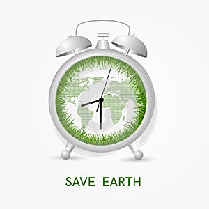 Save earth concept - clock with green grass and map showing earth hour time. Vector illustration.