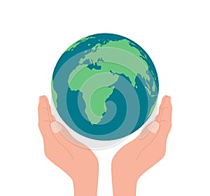 Save the earth concept. Happy Earth day. Hands holding planet. Eco care for world, globe. Protect of environment. vector