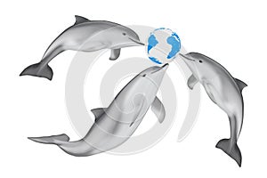 Save the Earth Concept. Tursiops Truncatus Ocean or Sea Bottlenose Dolphins play with Earth Globe. 3d Rendering