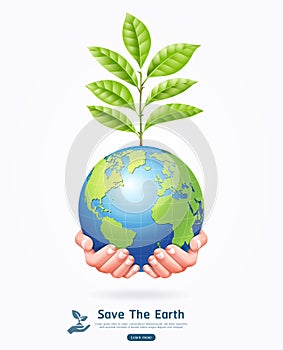 Save the earth conceptual. Earth with tree in hands vector