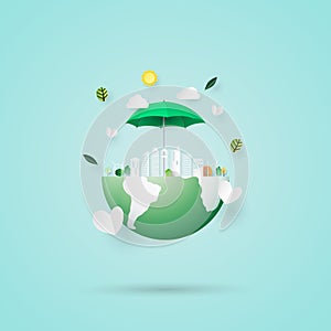 Save the earth and eco city concept paper art style