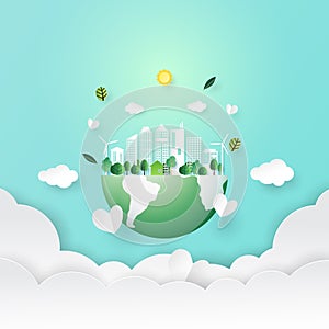 Save the earth and eco city concept paper art style