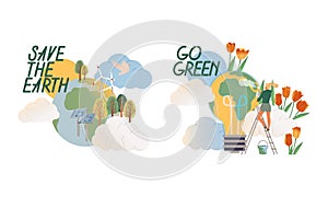 Save the Earth, go green. Ecology and environment concept. People protecting and taking care of nature vector