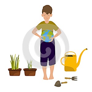 Save the earth, go green, kids save the planet, cartoon kid boy save world, ecology concept vector illustration.