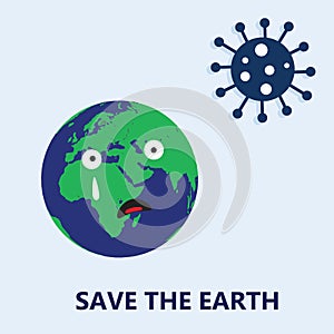 Save the earth logo - crying earth cartoon with virus icon